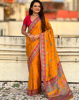 Mustard Yellow Traditional Dance Pattern Premium Position Printed Viscose Silk Saree