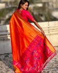 Orange Soft Paithani Silk with Contrast Zari Woven Double Border Saree