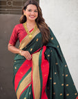 Bottle Green Soft Paithani Silk with Contrast Zari Woven Double Border Saree