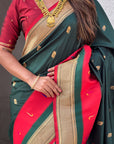 Bottle Green Soft Paithani Silk with Contrast Zari Woven Double Border Saree