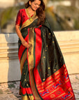 Bottle Green Soft Paithani Silk with Contrast Zari Woven Double Border Saree