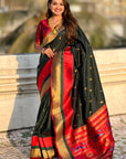 Bottle Green Soft Paithani Silk with Contrast Zari Woven Double Border Saree