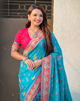 Rama Blue Premium Viscose Silk Traditional Art Zari Woven Position Print Saree