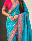 Rama Blue Premium Viscose Silk Traditional Art Zari Woven Position Print Saree