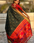 Bottle Green Soft Paithani Silk with Contrast Zari Woven Double Border Saree