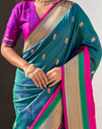 Peacock Blue Soft Paithani Silk with Contrast Zari Woven Double Border Saree
