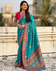 Rama Blue Premium Viscose Silk Traditional Art Zari Woven Position Print Saree