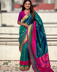 Peacock Blue Soft Paithani Silk with Contrast Zari Woven Double Border Saree