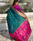 Peacock Blue Soft Paithani Silk with Contrast Zari Woven Double Border Saree