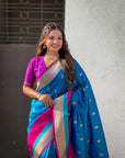Blue Soft Paithani Silk with Contrast Zari Woven Double Border Saree