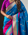 Blue Soft Paithani Silk with Contrast Zari Woven Double Border Saree