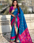 Blue Soft Paithani Silk with Contrast Zari Woven Double Border Saree