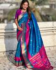 Blue Soft Paithani Silk with Contrast Zari Woven Double Border Saree