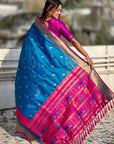 Blue Soft Paithani Silk with Contrast Zari Woven Double Border Saree