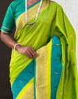 Parrot Green Soft Paithani Silk with Contrast Zari Woven Double Border Saree