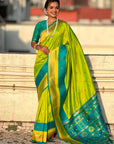 Parrot Green Soft Paithani Silk with Contrast Zari Woven Double Border Saree
