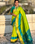 Parrot Green Soft Paithani Silk with Contrast Zari Woven Double Border Saree
