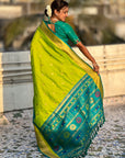 Parrot Green Soft Paithani Silk with Contrast Zari Woven Double Border Saree