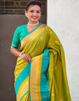 Mehendi Green Soft Paithani Silk with Contrast Zari Woven Double Border Saree