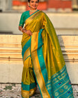 Mehendi Green Soft Paithani Silk with Contrast Zari Woven Double Border Saree