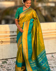 Mehendi Green Soft Paithani Silk with Contrast Zari Woven Double Border Saree