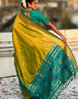 Mehendi Green Soft Paithani Silk with Contrast Zari Woven Double Border Saree