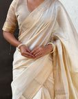 Cream Soft Plain Tussar Silk Saree with Zari Woven Border