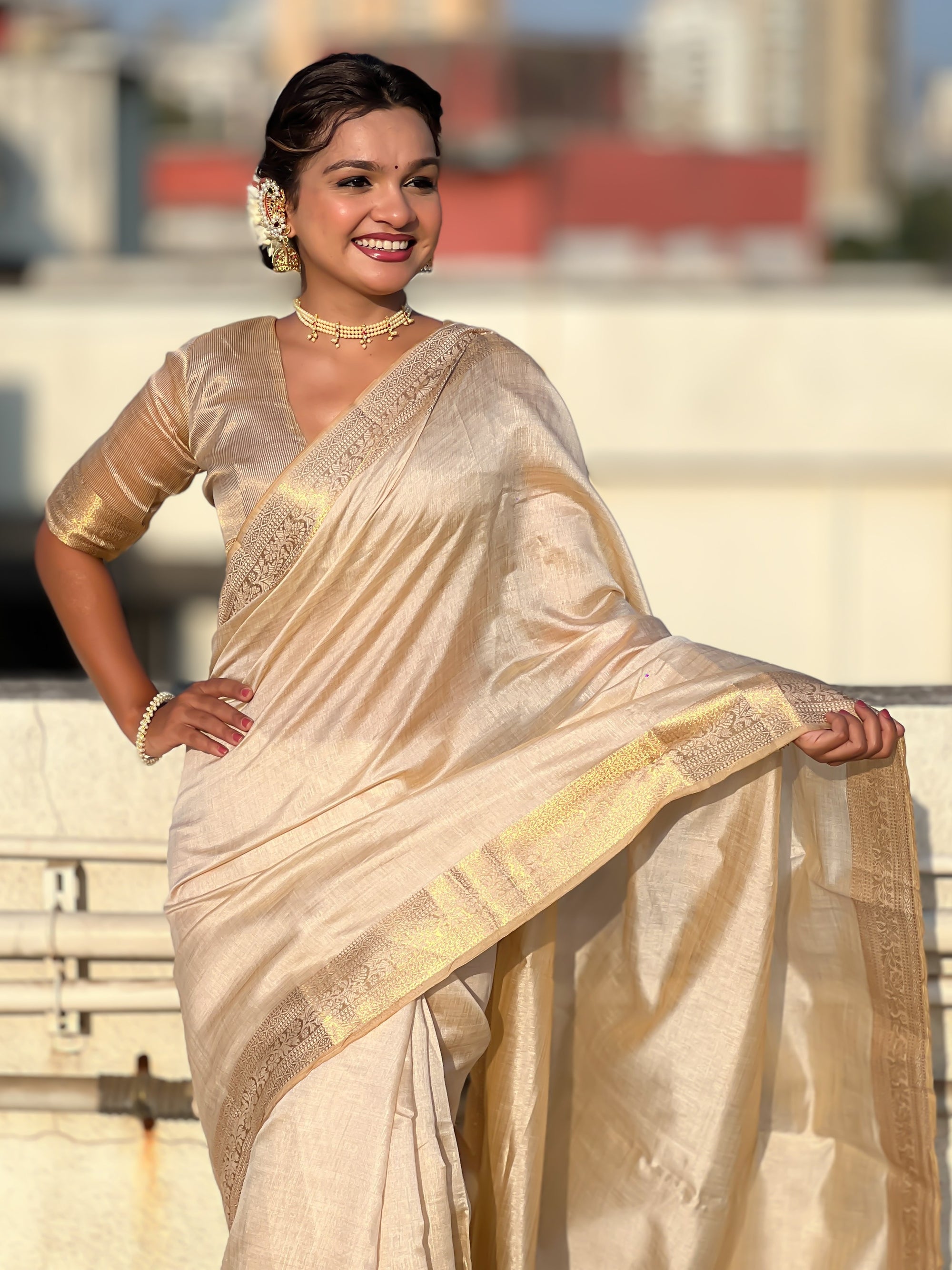 Cream Soft Plain Tussar Silk Saree with Zari Woven Border