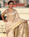 Cream Soft Plain Tussar Silk Saree with Zari Woven Border