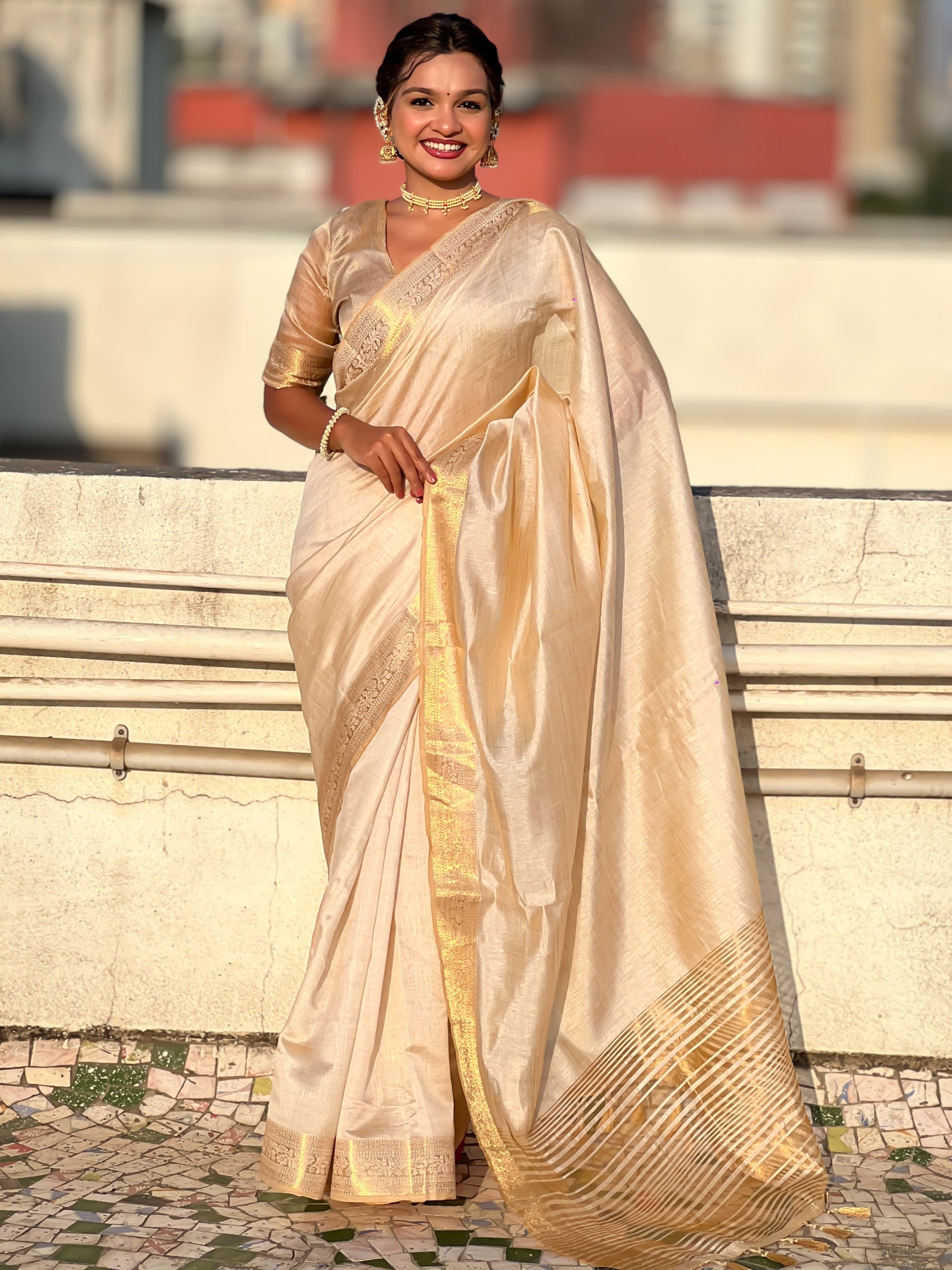 Cream Soft Plain Tussar Silk Saree with Zari Woven Border