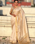 Cream Soft Plain Tussar Silk Saree with Zari Woven Border