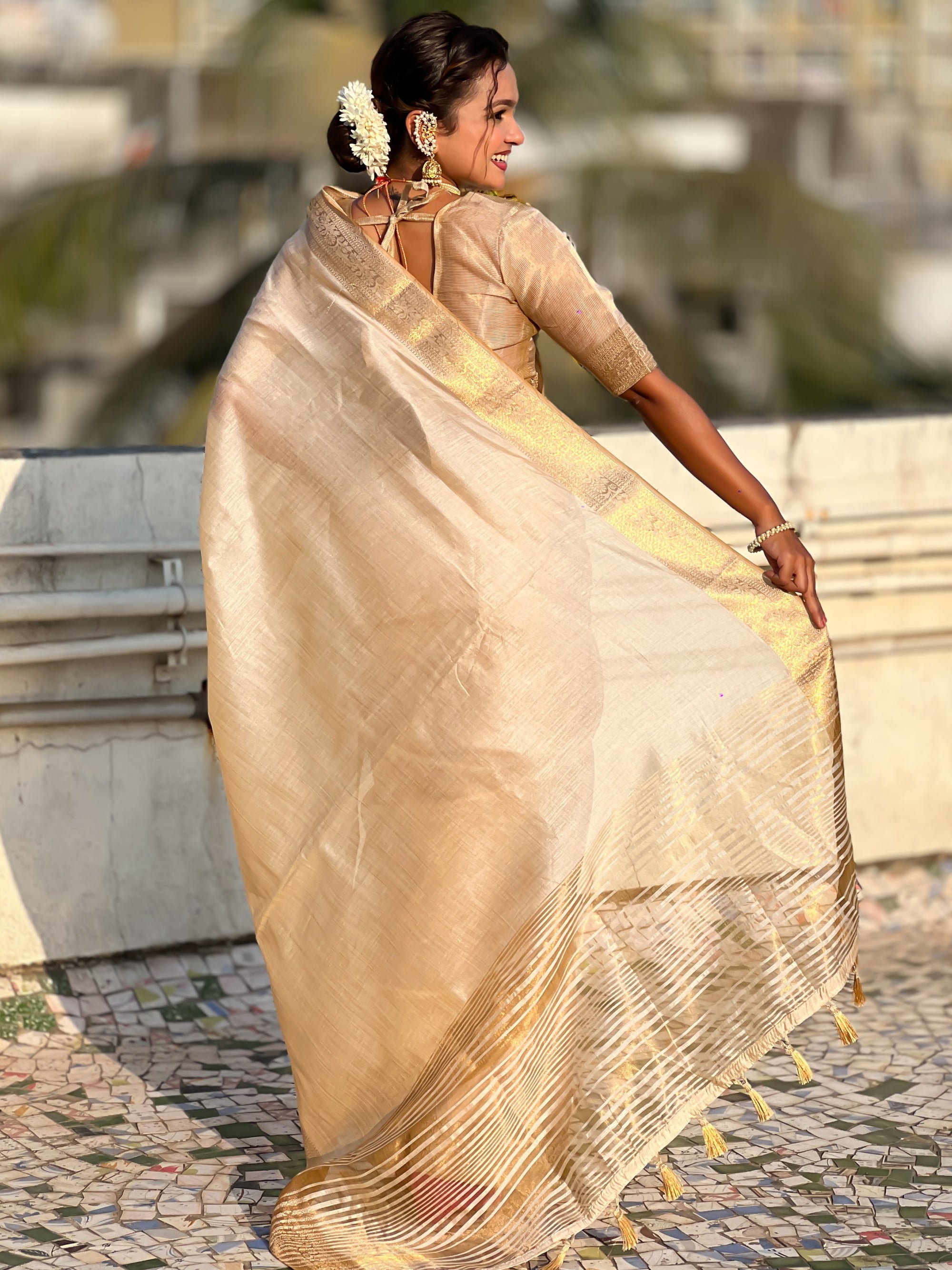 Cream Soft Plain Tussar Silk Saree with Zari Woven Border