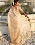 Cream Soft Plain Tussar Silk Saree with Zari Woven Border