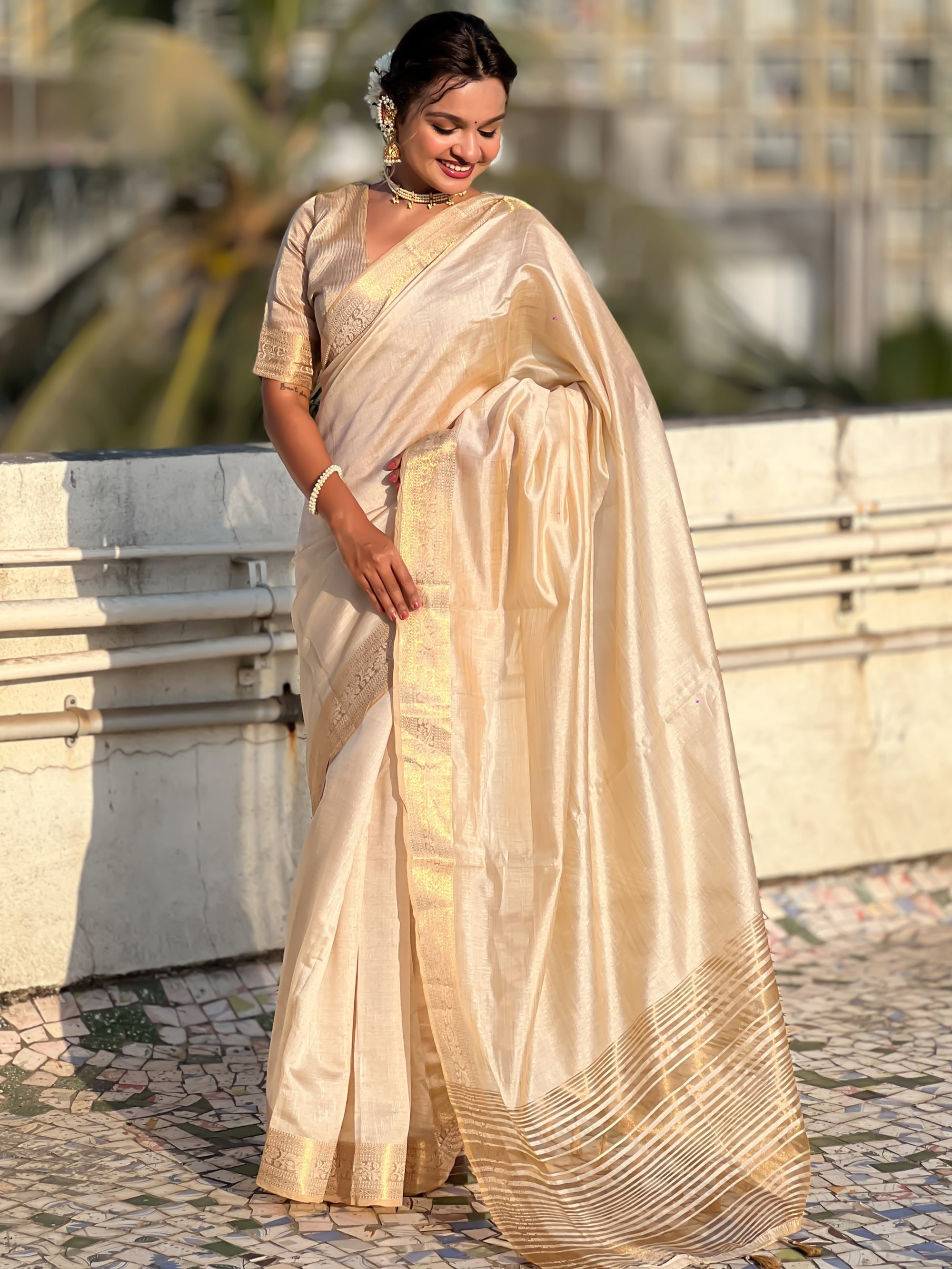 Cream Soft Plain Tussar Silk Saree with Zari Woven Border