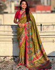 Mehendi Green Premium Position Printed Pashmina Viscose Silk Saree with Darbari Border