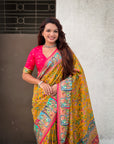 Mustard Yellow Premium Position Printed Pashmina Viscose Silk Saree with Darbari Border