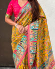 Mustard Yellow Premium Position Printed Pashmina Viscose Silk Saree with Darbari Border