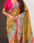 Mustard Yellow Premium Viscose Silk Zari Woven Positon Printed Saree