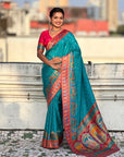 Blue Premium Soft Viscose Silk Zari Woven Baarat Postion Printed Pashmina Saree