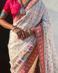 White Premium Soft Viscose Silk Zari Woven Baarat Postion Printed Pashmina Saree