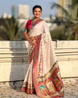 White Premium Soft Viscose Silk Zari Woven Baarat Postion Printed Pashmina Saree
