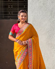 Mustard Yellow Premium Soft Viscose Silk Zari Woven Baarat Postion Printed Pashmina Saree
