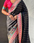 Black Premium Soft Viscose Silk Zari Woven Baarat Postion Printed Pashmina Saree