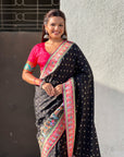 Black Premium Soft Viscose Silk Zari Woven Baarat Postion Printed Pashmina Saree