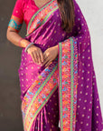 Purple Premium Soft Viscose Silk Zari Woven Baarat Postion Printed Pashmina Saree