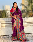 Purple Premium Soft Viscose Silk Zari Woven Baarat Postion Printed Pashmina Saree
