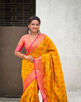 Mustard Yellow Patola Contrast Zari Woven Bandhani Weaves Keri Pattern Silk Saree