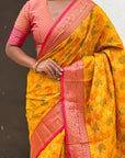 Mustard Yellow Patola Contrast Zari Woven Bandhani Weaves Keri Pattern Silk Saree