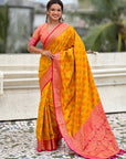 Mustard Yellow Patola Contrast Zari Woven Bandhani Weaves Keri Pattern Silk Saree