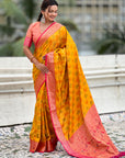 Mustard Yellow Patola Contrast Zari Woven Bandhani Weaves Keri Pattern Silk Saree